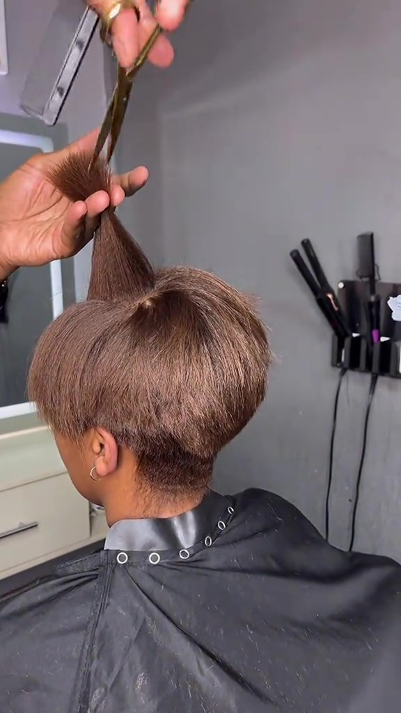 Chestnut brown hair colour pixie cut -point cutting_Moment photo